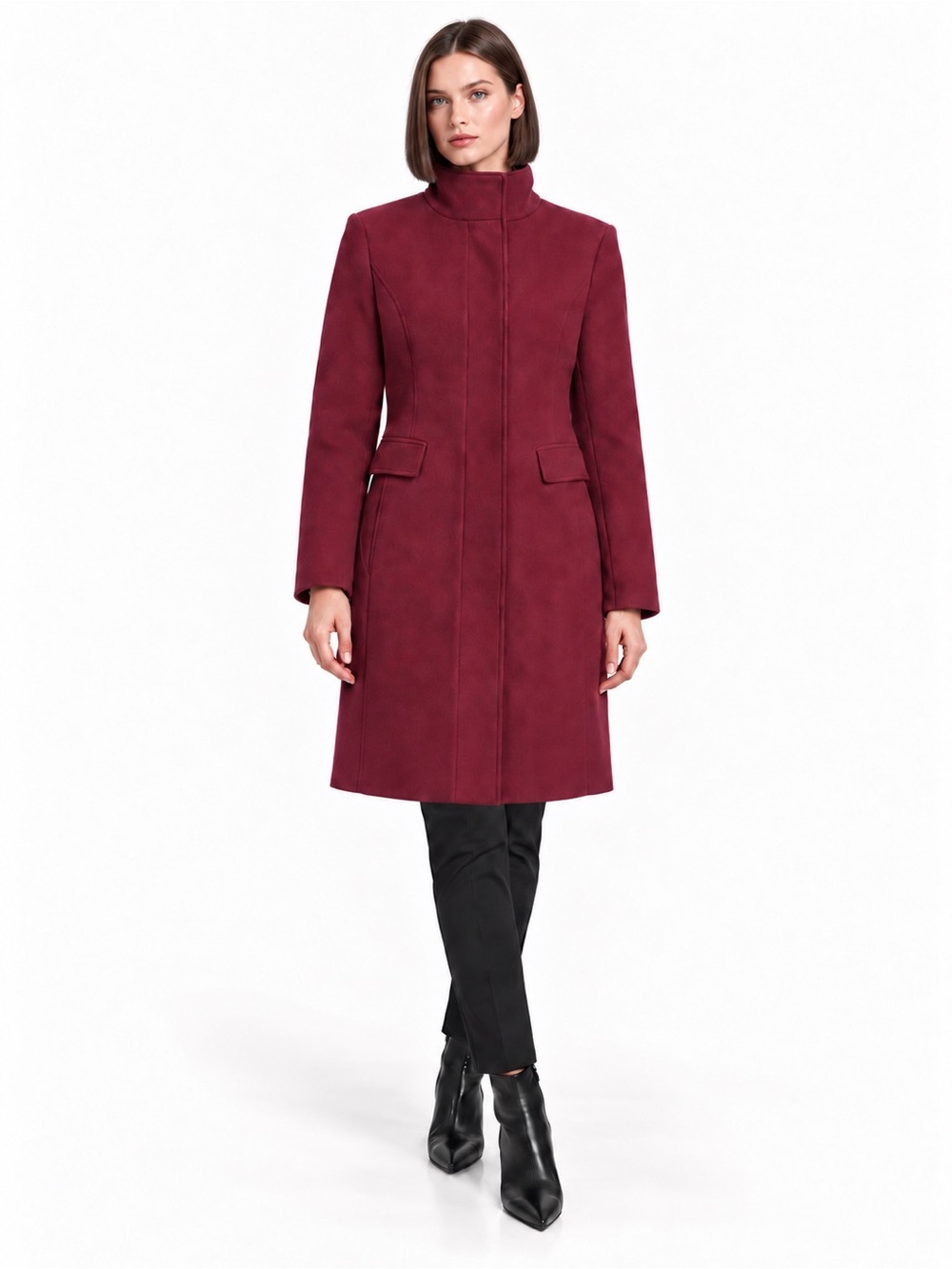 dark red full-zip faux wool coat by Vince Camuto pockets stand up collar NWT L